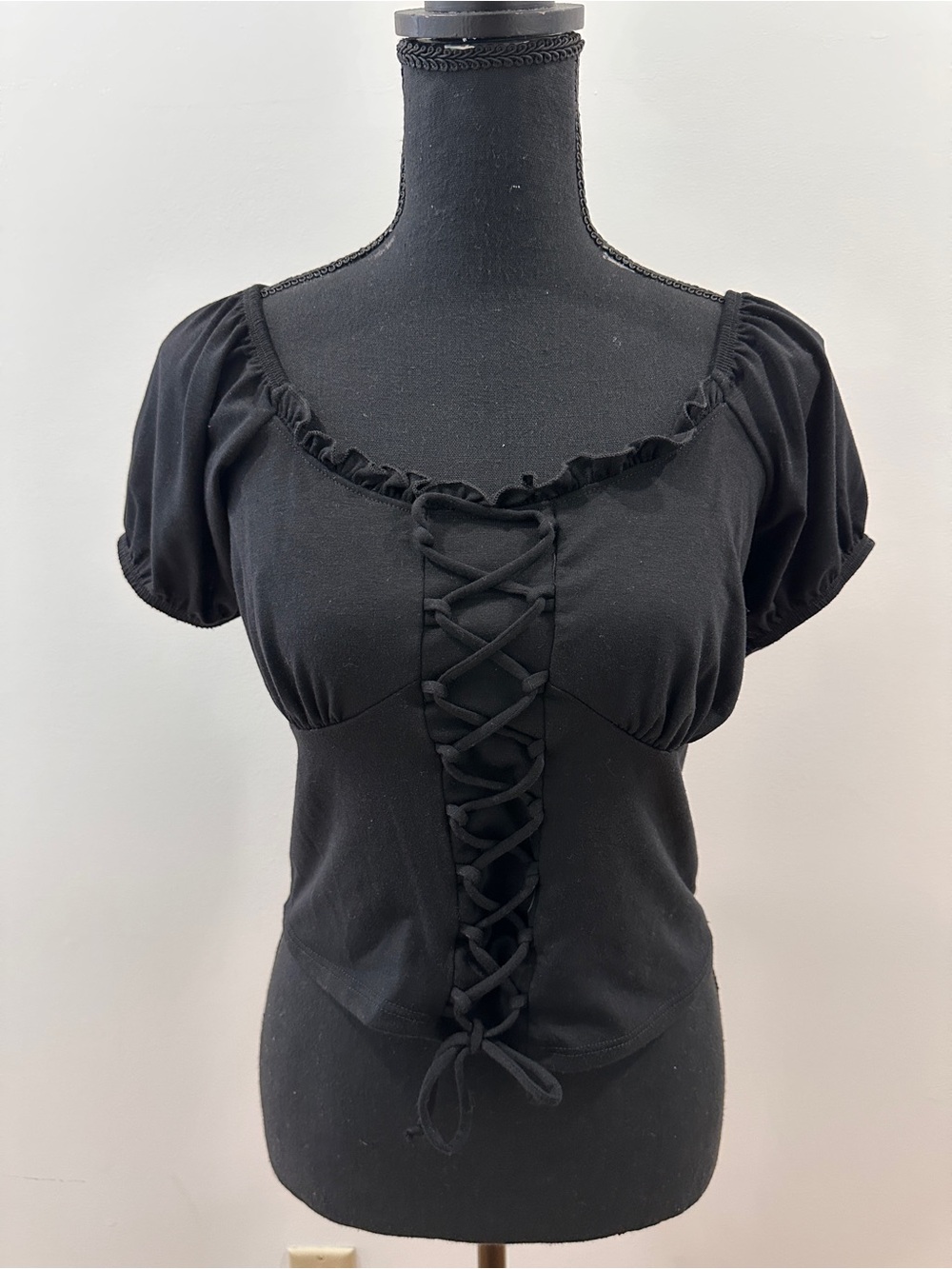NWT Midnight Hour Black Lace-Up Peasant Top